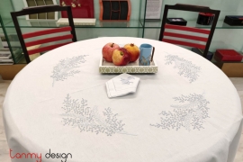 Round table cloth- mimosa flower embroidery (size 180 cm)